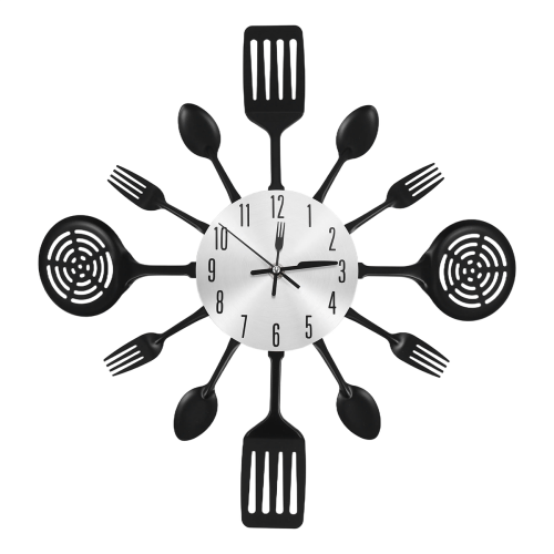 16 Inch Large Kitchen Wall Clocks with Spoons and Forks(Black)