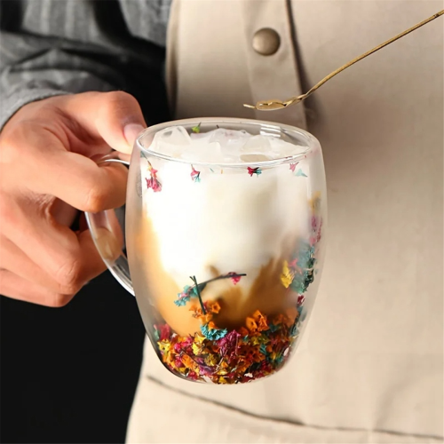 2PCS Fillings Dry Flowers Double Wall Glass Cup With Handle 2