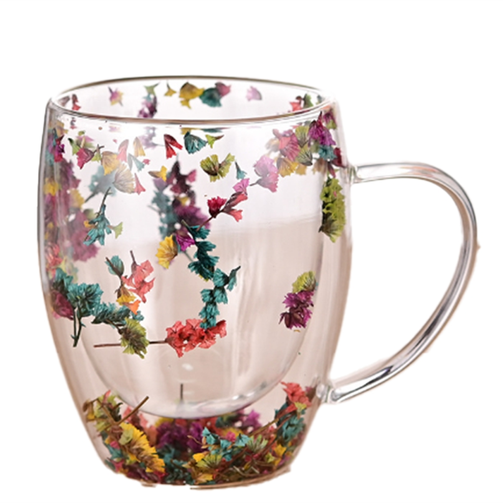 2PCS Fillings Dry Flowers Double Wall Glass Cup With Handle