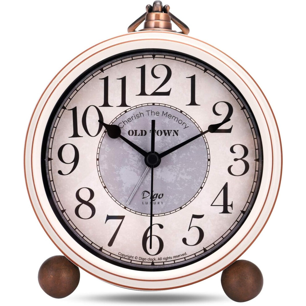 Metal Silent Vintage Alarm Clock, Large Analog Morning Alarm Clock, Vintage No Tick White/Beige Venisymlis
