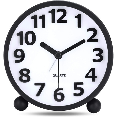 Silent Analog Alarm Clock, Black Metal Large 3D Numbers, Snooze Function, Non-Ticking Table Clock Wi