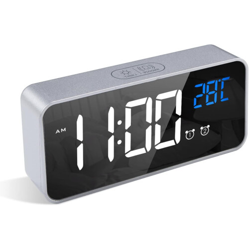 Digital Alarm Clock, LED Alarm Clock With Snooze Function, Charging USB Ports (Silver Color)