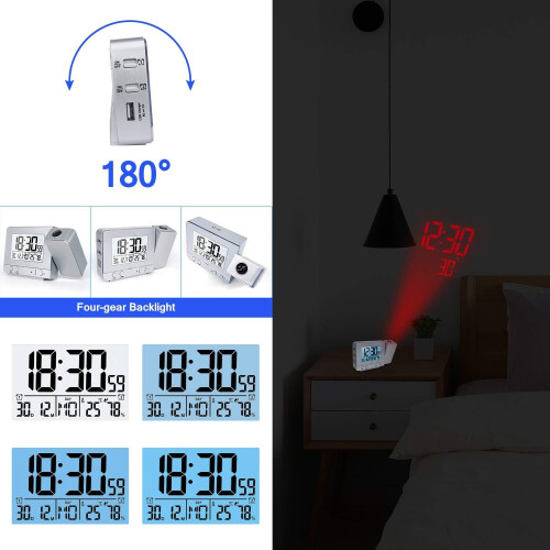 Projection Alarm Clock, Projector Clock LED Display Projection Clockswith Backlight And Snooze Function For Home Bedroom Decor (Silver) 1