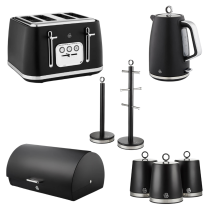 Swan Serenity Black Kettle, 4 Slice Toaster, Bread Bin, Canisters Set