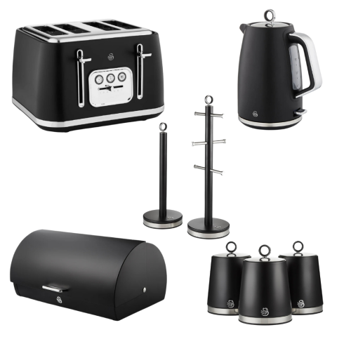 Swan Swan Serenity Black Kettle, 4 Slice Toaster, Bread Bin, Canisters Set