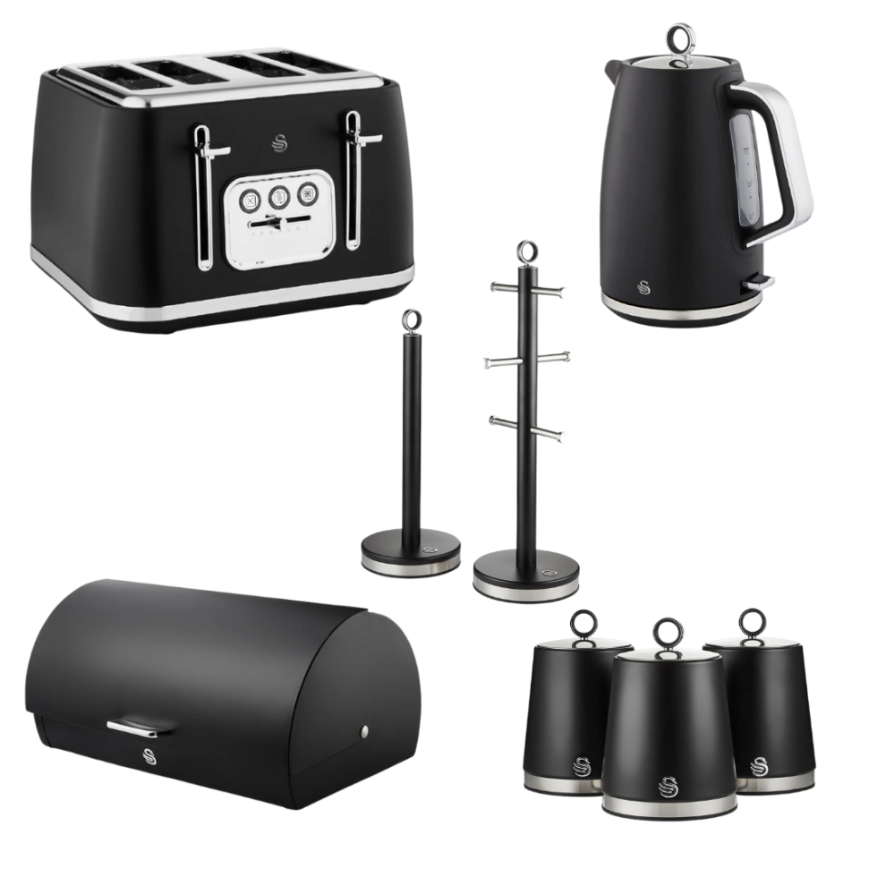 Swan Serenity Black Kettle, 4 Slice Toaster, Bread Bin, Canisters Set