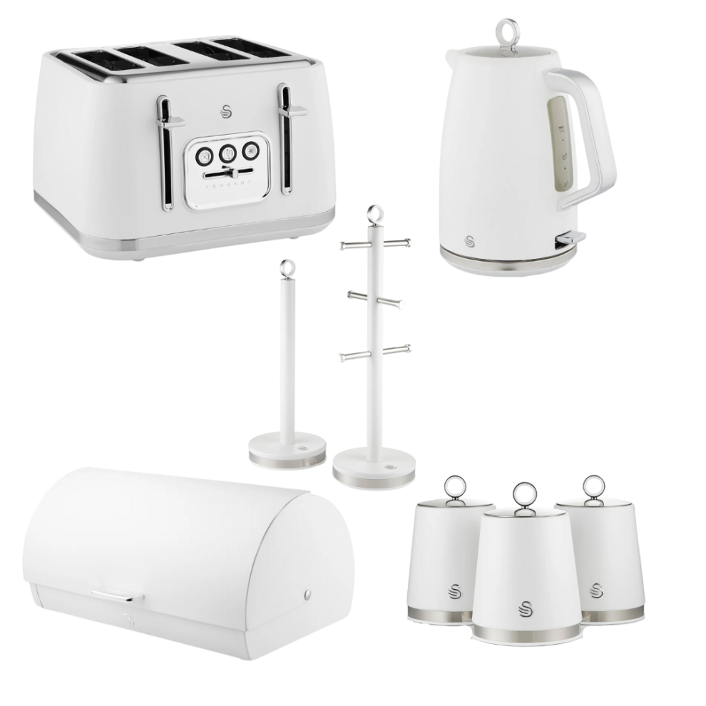 Swan Serenity White Kettle 4 Slice Toaster BreadBin Canisters Mug Tree