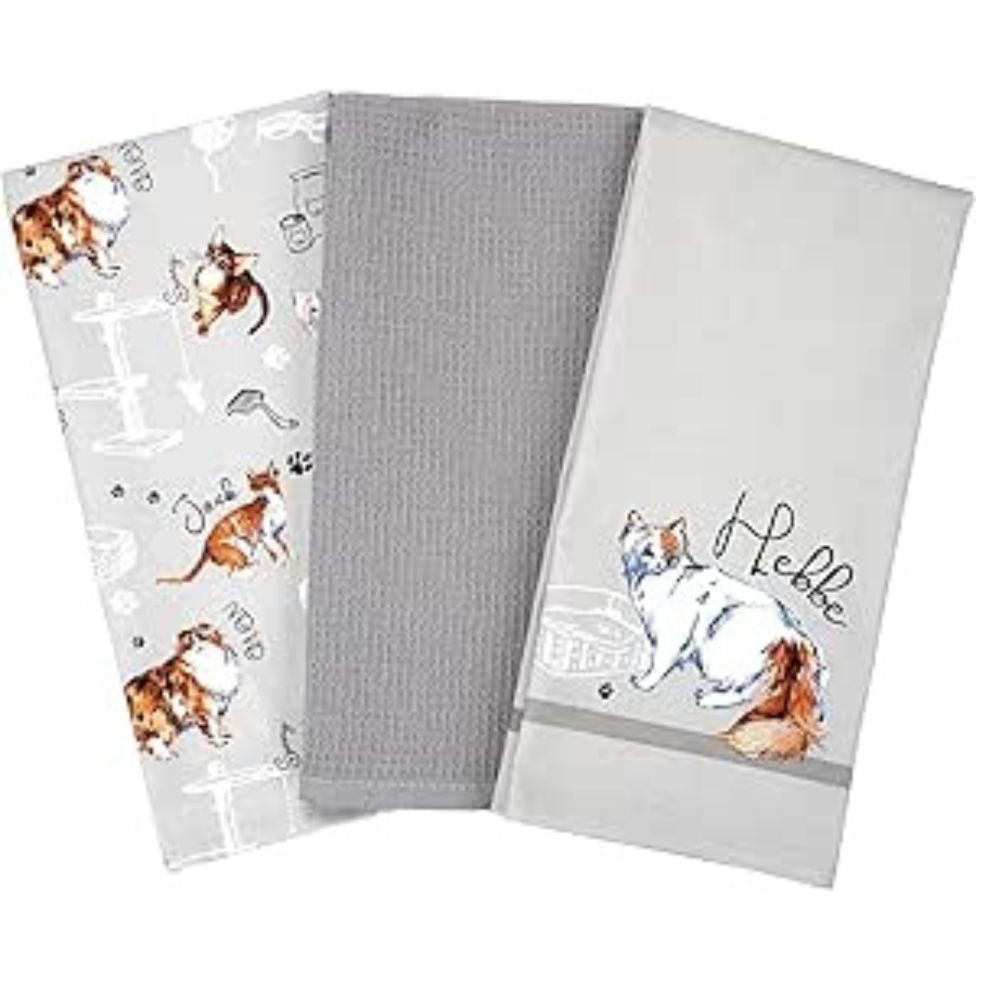 (Stylish Cats) Tea Towels 100% Cotton Kitchen Linen Pack of 3