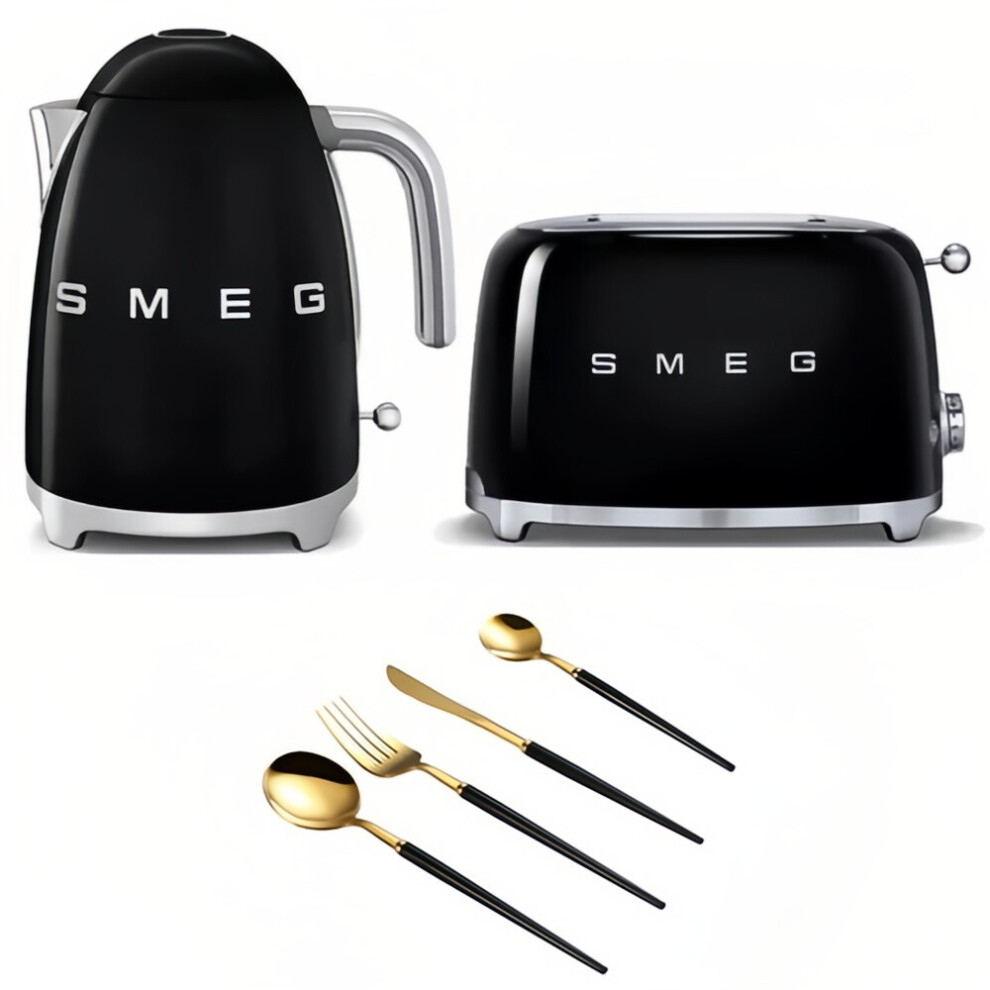 SMEG Kettle and Toaster Bundle with Free Lovii Cutlery Set black&glod