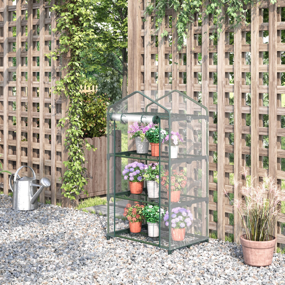 Outsunny 3 Tier Mini Greenhouse Grow House w/ Roll Up Door, Clear