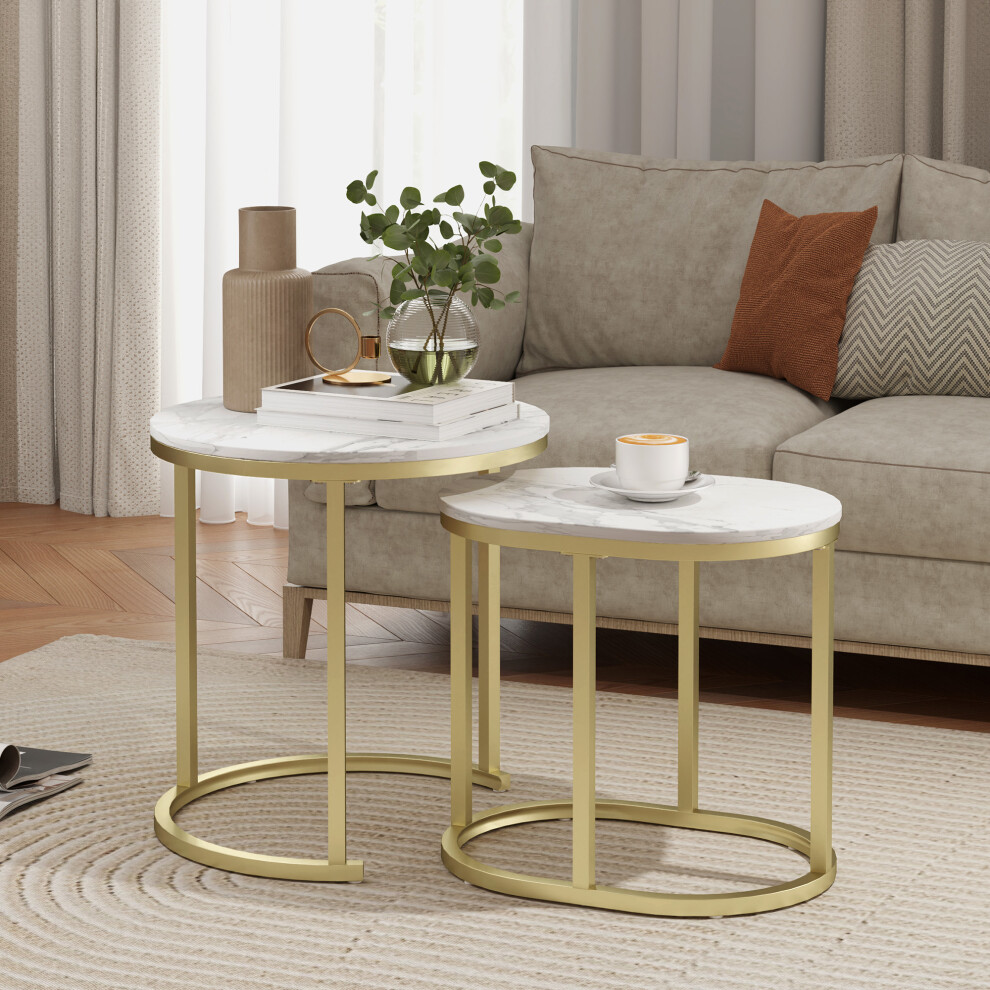 Homcom 2 Pcs Coffee Table With Faux Marble Side Accent Tables White White,Brown