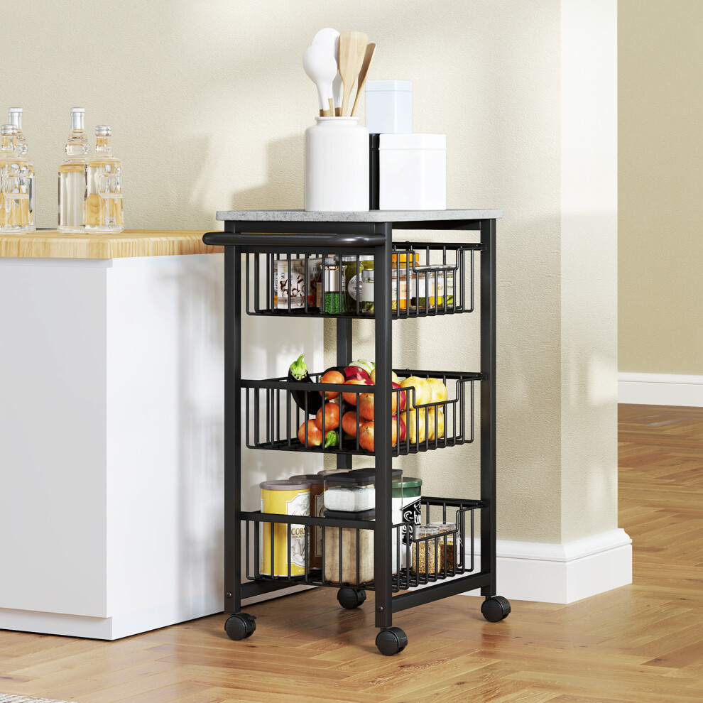 HOMCOM 3-Tier Kitchen Island On Wheels With 3 Pull-Out Baskets, Light Grey