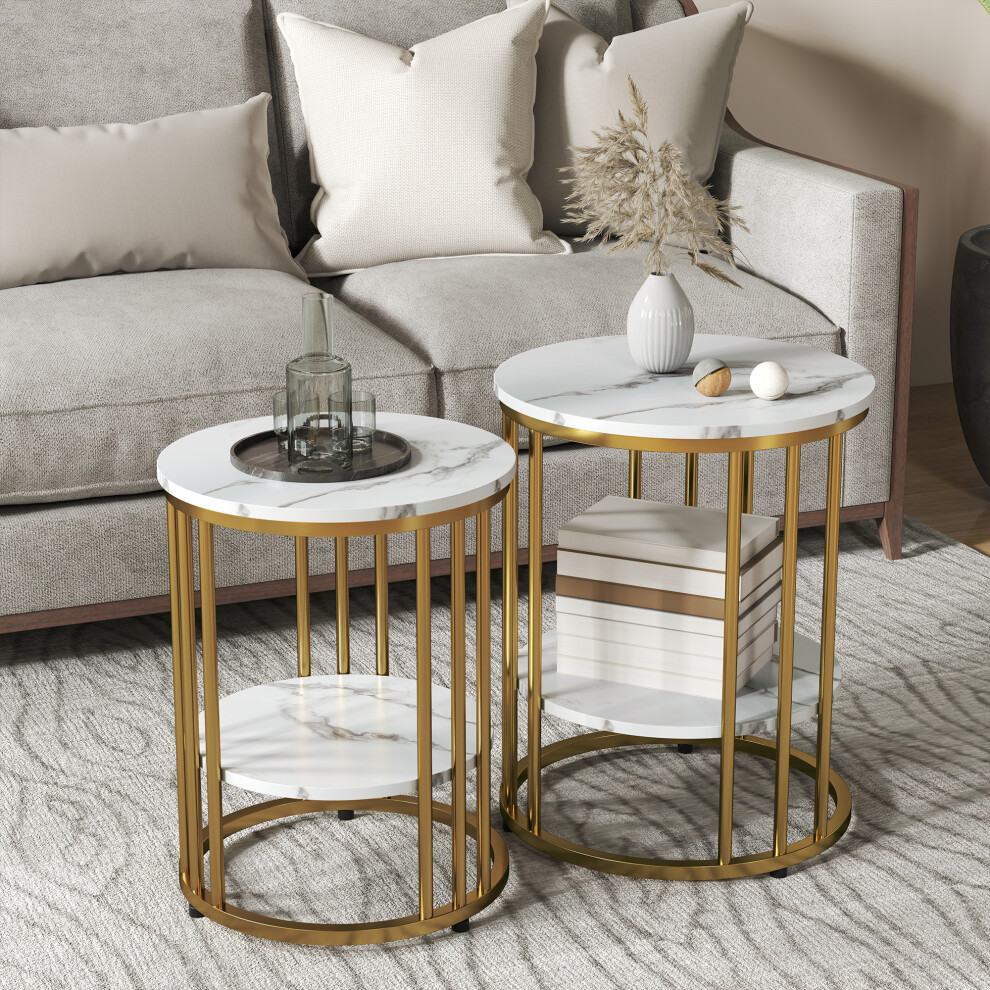 Homcom Marble-Effect Round Coffee Table Set Of 2 For Living Room, Gold Tone