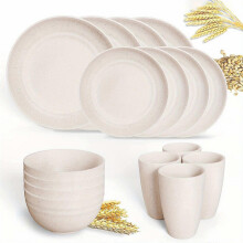 (Beige 16-piece Set, One size) 16pcs Unbreakable Wheat Straw Dinnerware Sets, Lightweight Plates Cups And Bowls Sets, Dishwasher Microwave Safe, For RV Outdoor Camping