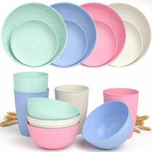 (Mixed Color 16-piece Set, One size) 16pcs Unbreakable Wheat Straw Dinnerware Sets, Lightweight Plates Cups And Bowls Sets, Dishwasher Microwave Safe, For RV Outdoor Camping