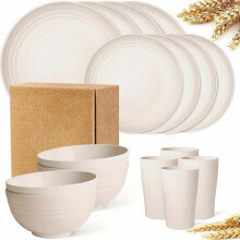 (Beige 16-piece Set, One size) 16pcs/set Unbreakable Dinner Plates, Supernal Wheat Straw Dinnerware Sets, Microwave Dishwasher Safe, Reusable Dinnerware, Black Set 8pcs Plates, 4pcs