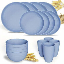 (Blue 16-piece Set, One size) 16pcs Unbreakable Wheat Straw Dinnerware Sets, Lightweight Plates Cups And Bowls Sets, Dishwasher Microwave Safe, For RV Outdoor Camping