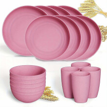 (Pink 16-piece Set, One size) 16pcs Unbreakable Wheat Straw Dinnerware Sets, Lightweight Plates Cups And Bowls Sets, Dishwasher Microwave Safe, For RV Outdoor Camping