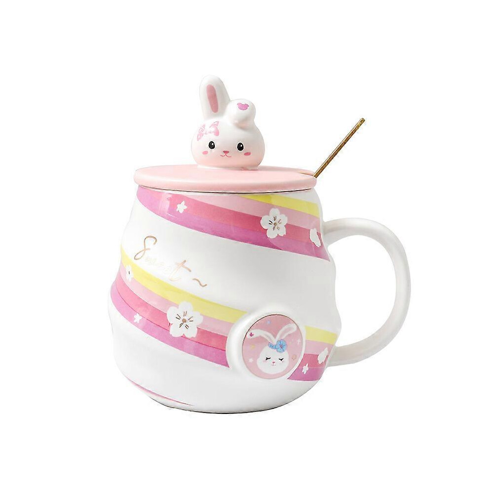 (As show, One size) Ceramic Coffee Cups Rabbit Cute Mug with Lid Gold Spoon, Novelty Morning Milk Kawaii Cups Anime Tea Mugs Gifts 450ML(blue flower rabbit)