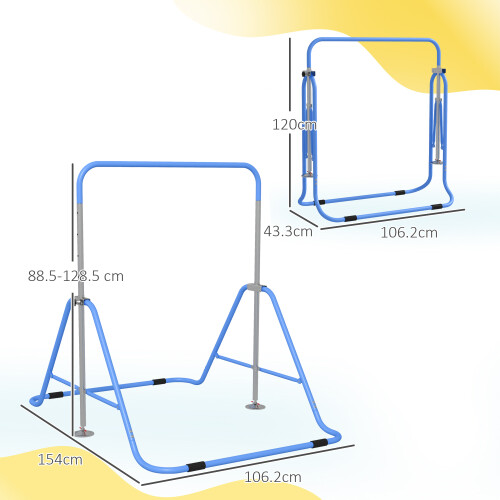 Homcom HOMCOM Kids Gymnastic Bar w/ Adjustable Height, Foldable Training Bar - Blue 2
