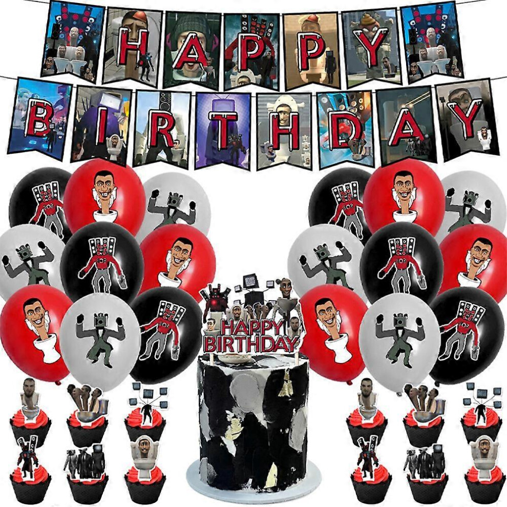 Skibidi Toilet Themed Birthday Halloween Party Supplies Decor Kit Banner Balloons Cake Topper Cupcake Toppers Set