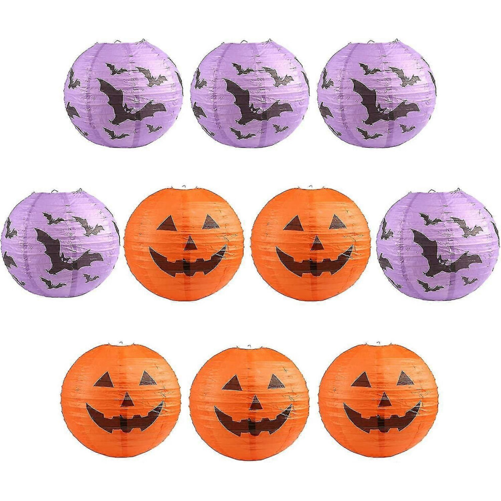 10 Stuks Halloween Papieren Pompoen Lantaarns, 25Cm Halloween Lampion Oranje En Paars Pompoen En Vleermuis Pa-image