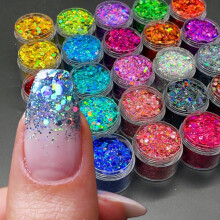 24 Colors Total Laser Nail Glitter Flakes Chunky+ Free Gift