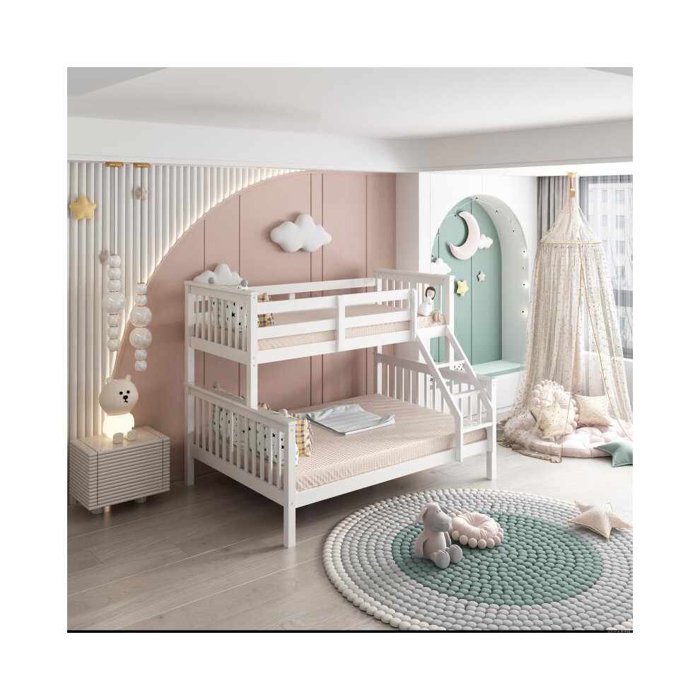 White Bunk Bed with 2 Mattresses 3ft Single & 4ft6 Double Trio Bunk Beds, Wooden Children Bedroom Furniture