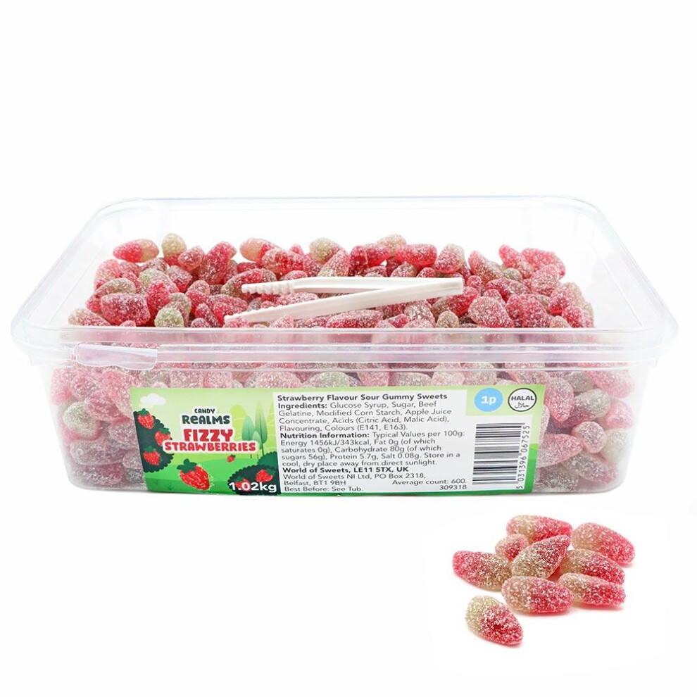 Candy Realms Fizzy Strawberries 1.02KG Tub - Gummy Sweets