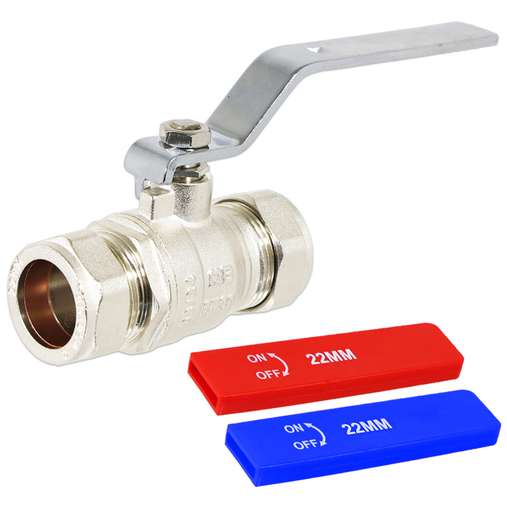 Full Bore Lever Ball Valve Isolating Stop Tap Kit with Blue (Cold) and Red (Hot) Handle Sleeves (22mm)