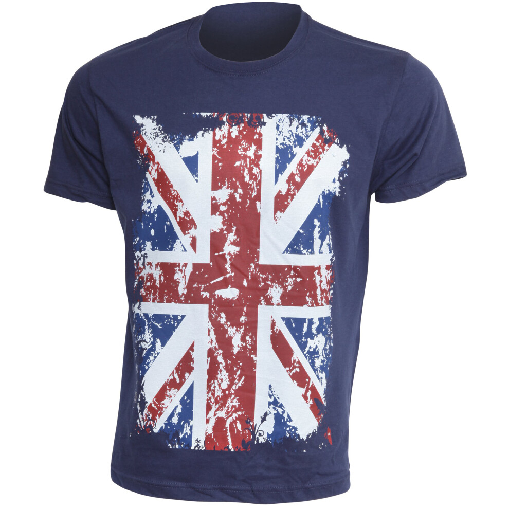 (XXXL - 54inch - 56inch, Navy) Mens Union Jack GB Print 100% Cotton Short Sleeve Casual T-Shirt/Top