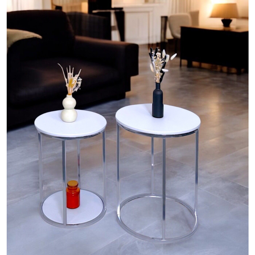 White Nest of 2 Round Tables With shiny Chrome Legs Coffee Side Table