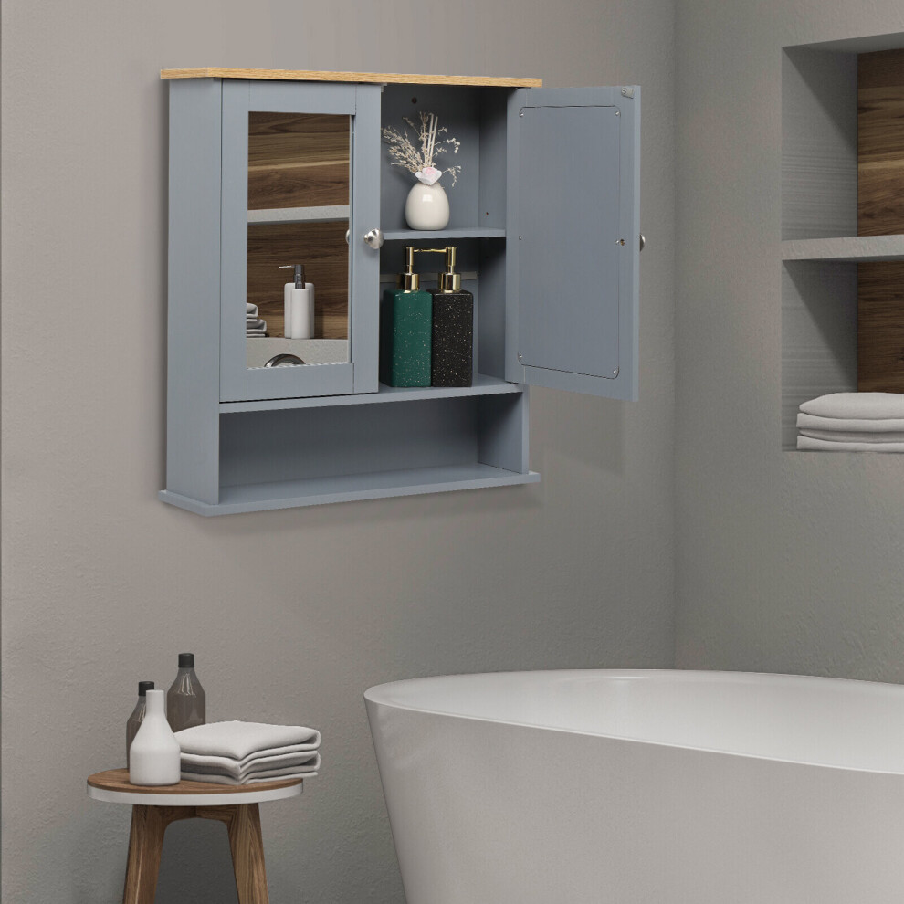 Wooden Bathroom Double Mirror Cabinet Shelf Door Cupboard Wall Mounted