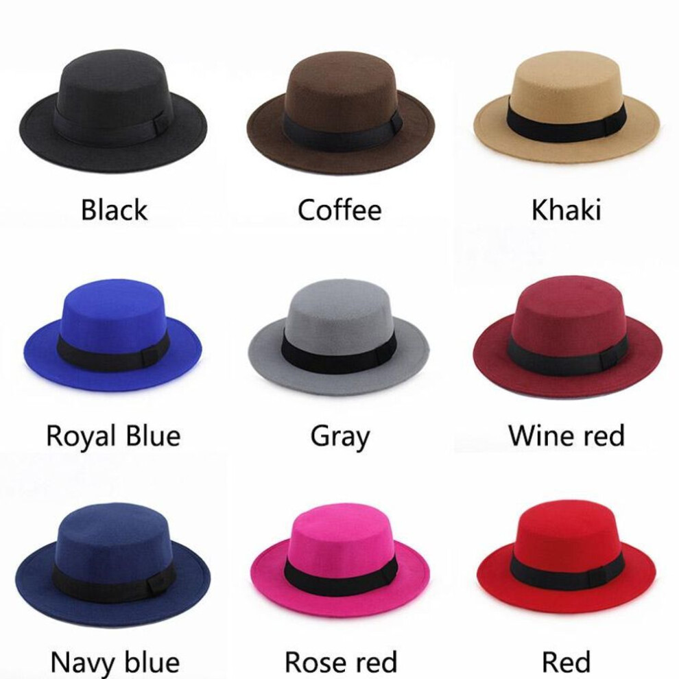 (black) Wool Boater Flat Top Hat For Women Men Wide Brim Felt Hat Top Hat Autumn And Winter Retro Jazz Hat