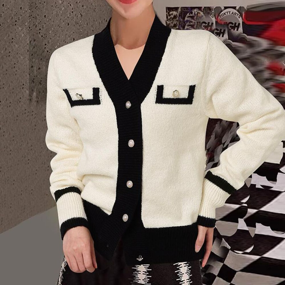 (white, XL) VONDA Women Autumn V-Neck Long Sleeve Patchwork Cardigans