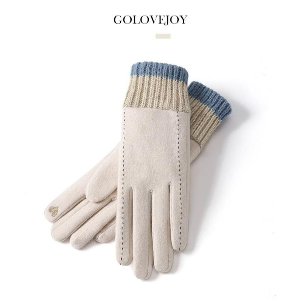 (beige) Winter Cashmere Gloves For Women&apos;s Outdoor Cycling Windproof Plush And Warm Touch Screen Knitted Wrist Gloves