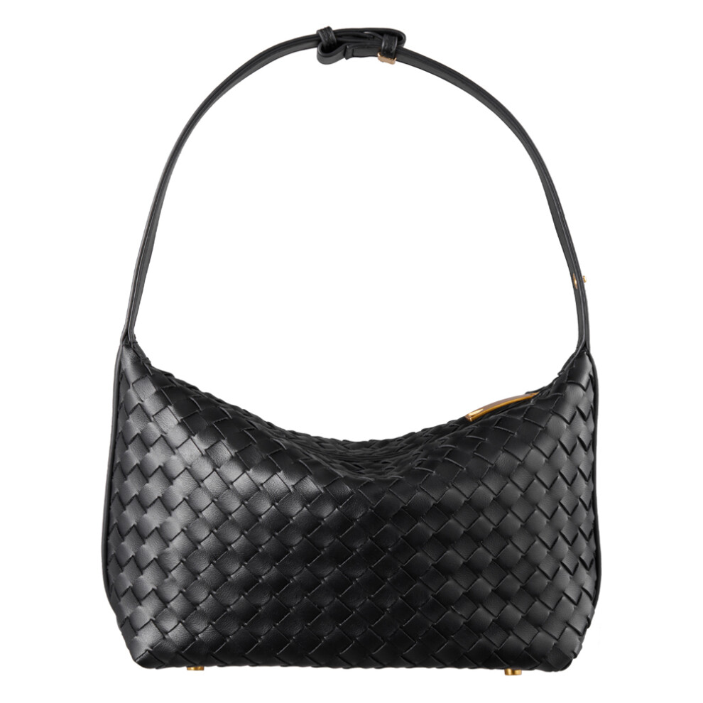 (Black) PU Woven Slouchy Tote Bag Single Shoulder Bag