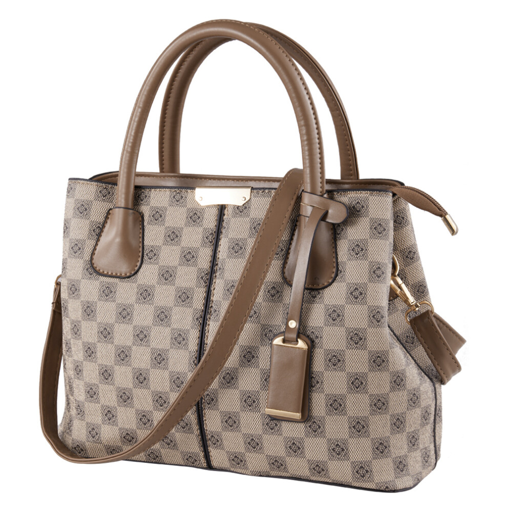 Beige Checkered Pattern PU Leather Tote Bag