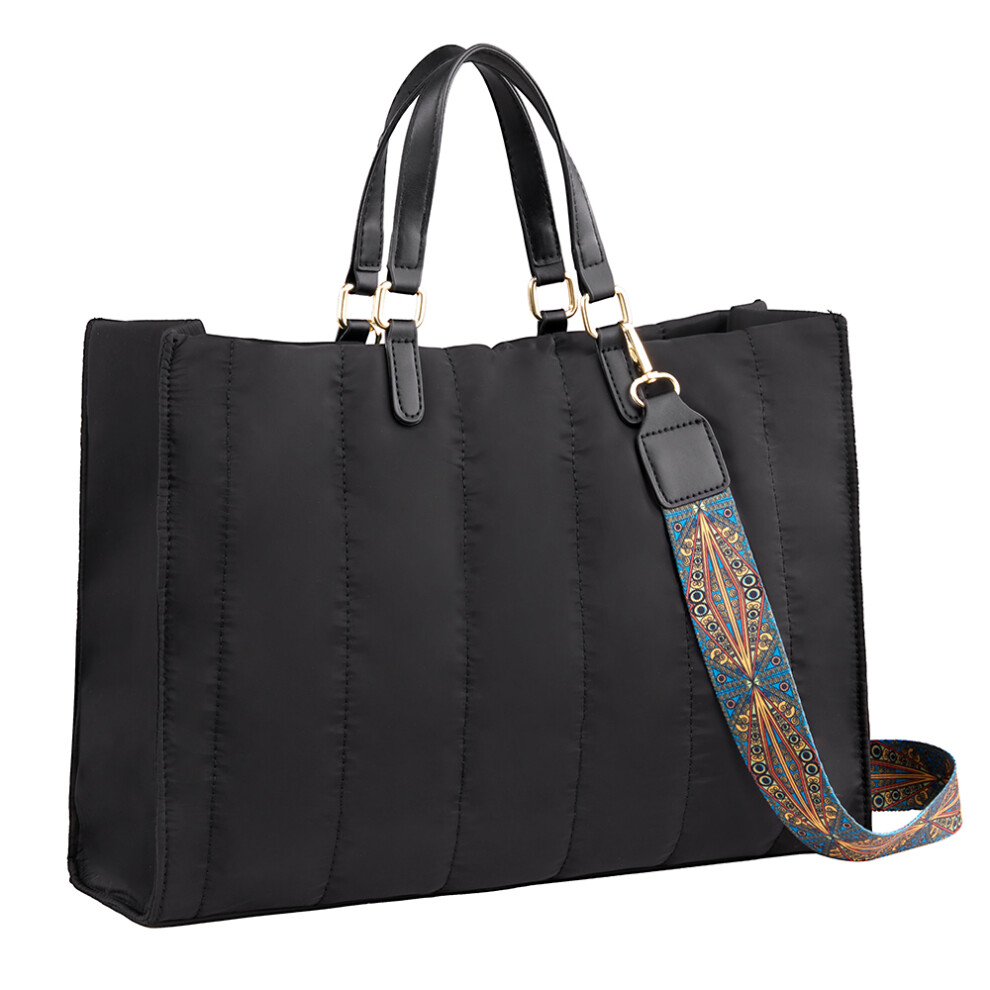 (Black) Large Magnetic Snap Nylon Tote Bag