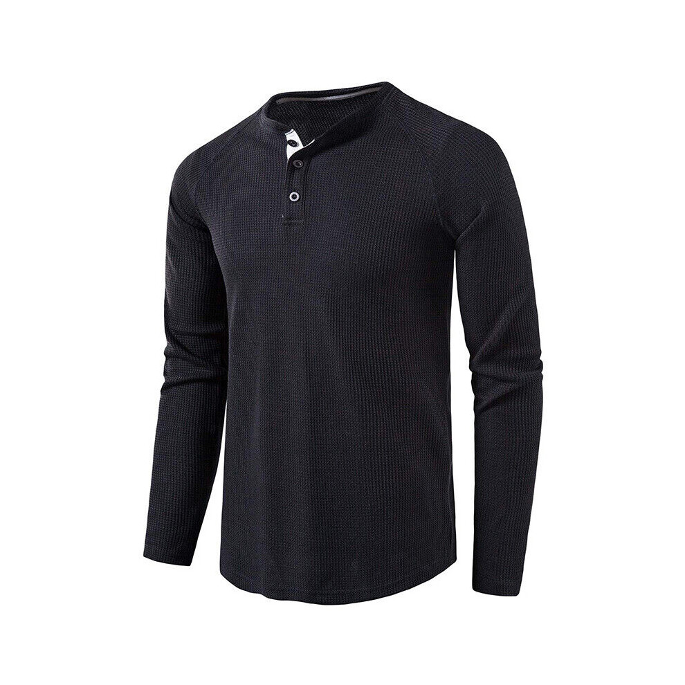 T-Shirt À Manches Longues Pour Hommes Pull Thermique Henley Pull Gaufré ~ ? /-Noir-XL