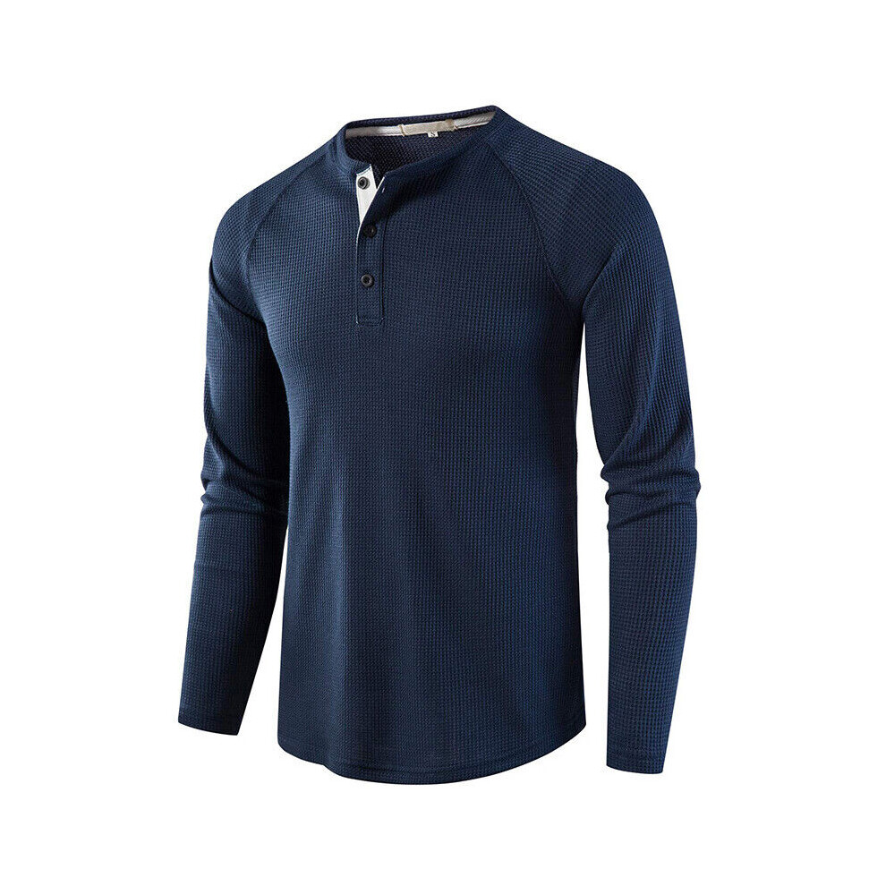 T-Shirt À Manches Longues Pour Hommes Pull Thermique Henley Pull Gaufré ~ ? /-Bleu-XL