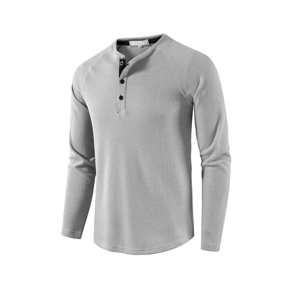 T-Shirt À Manches Longues Pour Hommes Pull Thermique Henley Pull Gaufré ~ ? /-light grey-XL