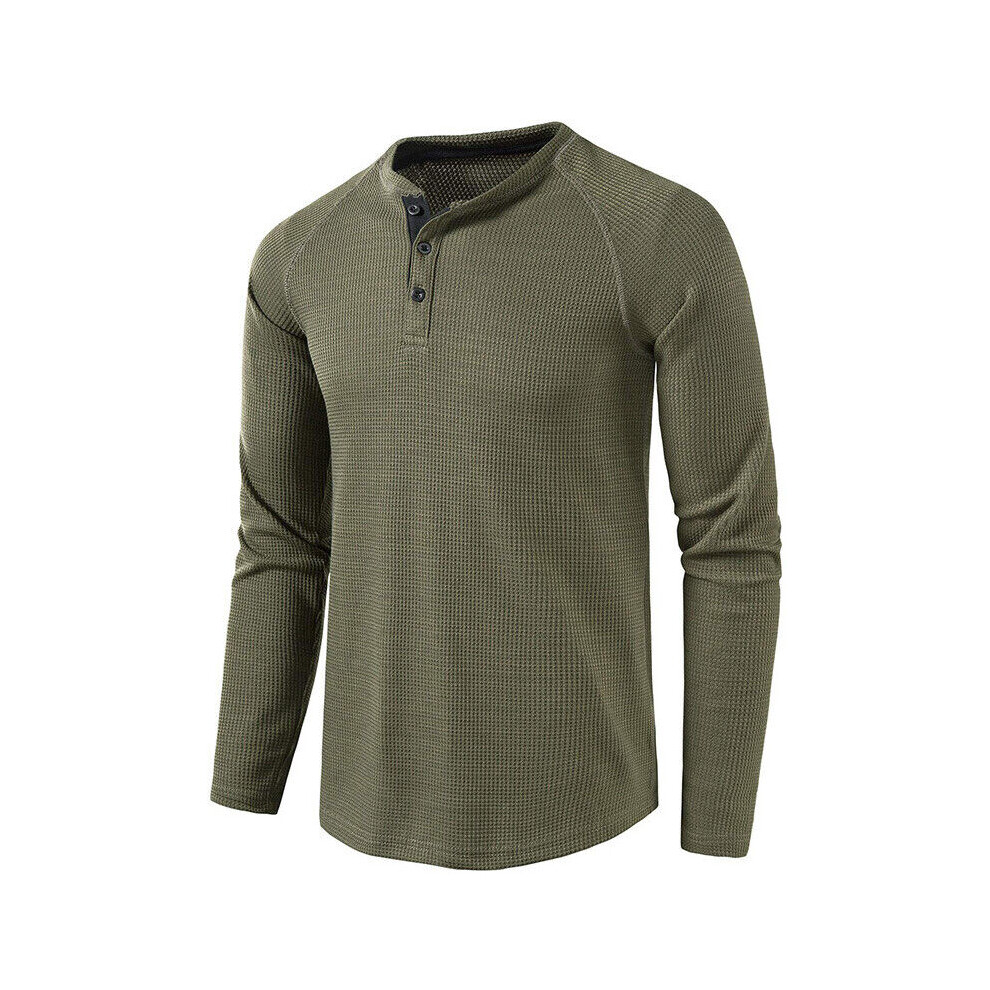 T-Shirt À Manches Longues Pour Hommes Pull Thermique Henley Pull Gaufré ~ ? /-army green-S
