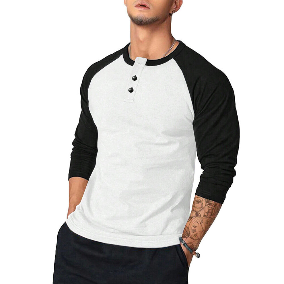 T-Shirt Décontracté À Manches Longues Pour Hommes Pull Col Rond Bouton F-Blanc-M