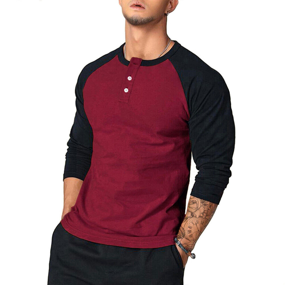 T-Shirt Décontracté À Manches Longues Pour Hommes Pull Col Rond Bouton F-Rouge-XL