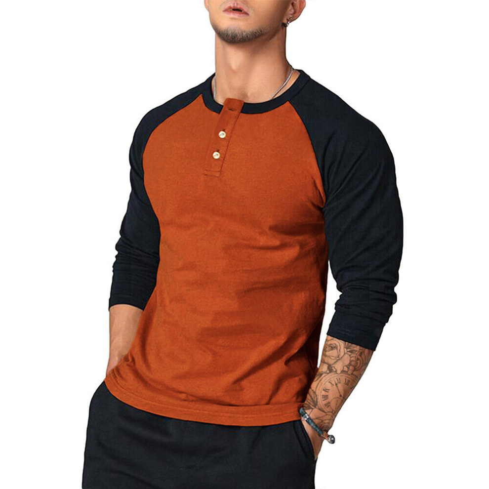 T-Shirt Décontracté À Manches Longues Pour Hommes Pull Col Rond Bouton F-Orange-S