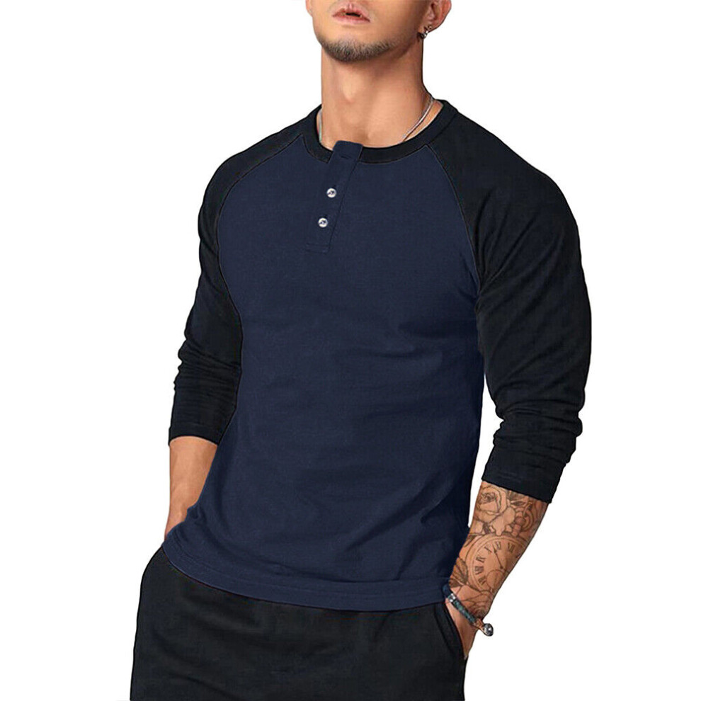 T-Shirt Décontracté À Manches Longues Pour Hommes Pull Col Rond Bouton F-navy blue-XL