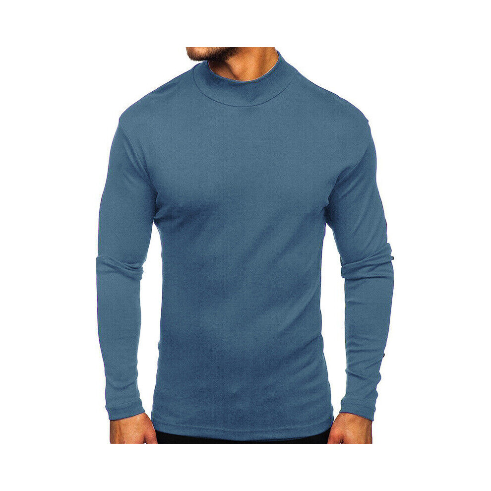 T-Shirt Basique À Manches Longues Pour Homme Couleur Unie Col Haut Coupe /-Bleu-M