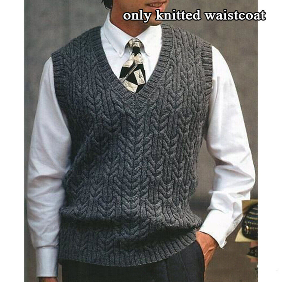 Pull Slim Fit À Col En V Pour Hommes Pull Sans Manches Tricoté Par Câble .-Gris-XXXL