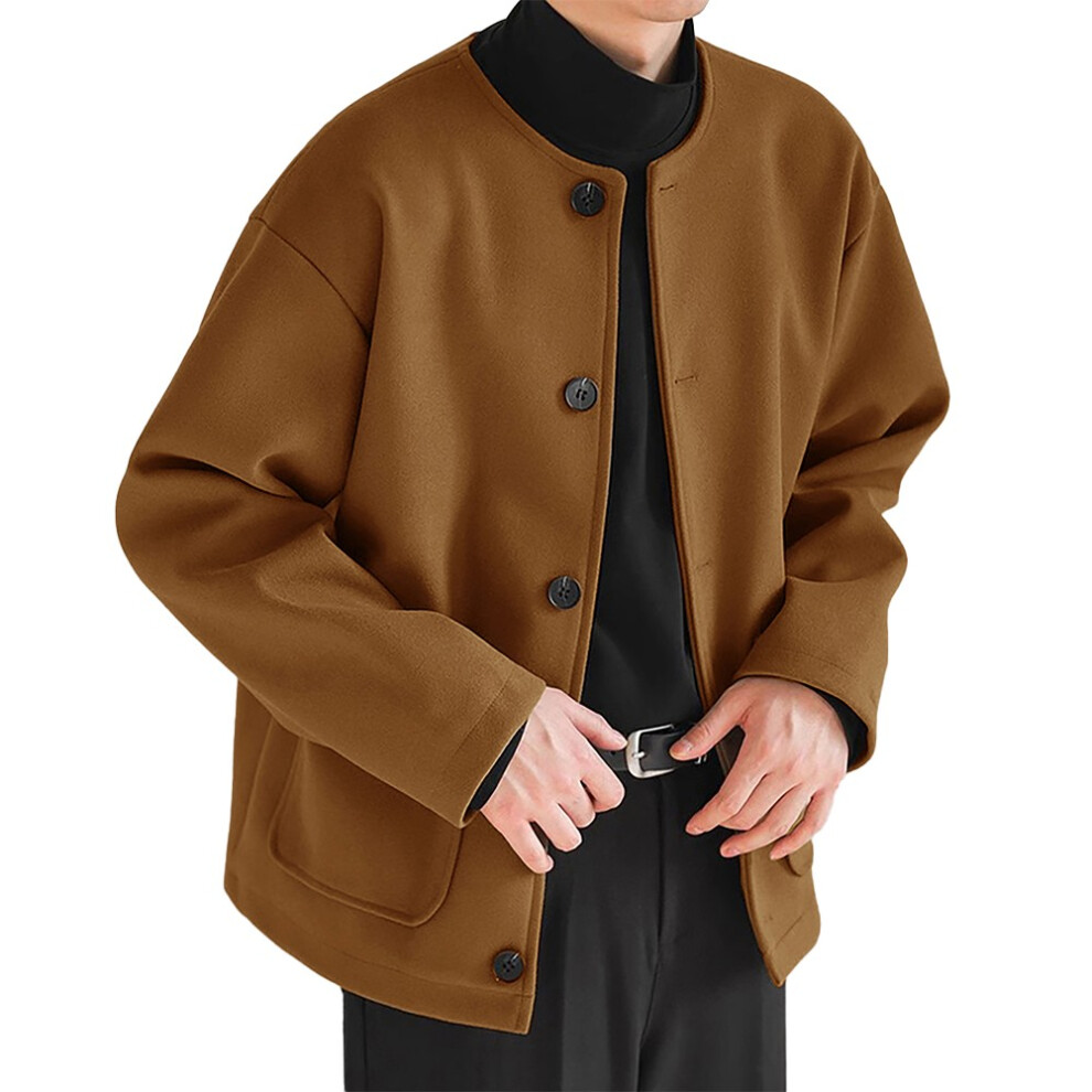 Veste Manteau Homme Décontractée Col Rond avec Boutons pour Automne et Hiver-Marron-M